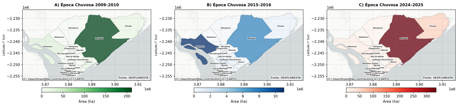 Extensão espacial das inundações – 2009-2010, 2015-2016, 2024-2025