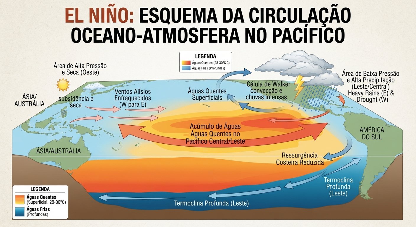 Esquema explicativo de como surge o El Niño no Oceano Pacífico