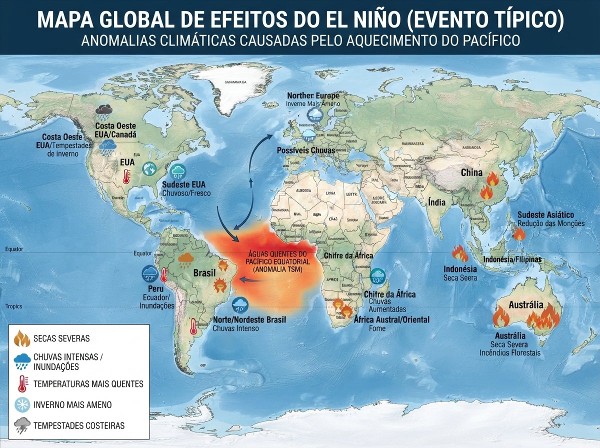 Mapa global de anomalias de temperatura do Pacífico durante o El Niño de 2026