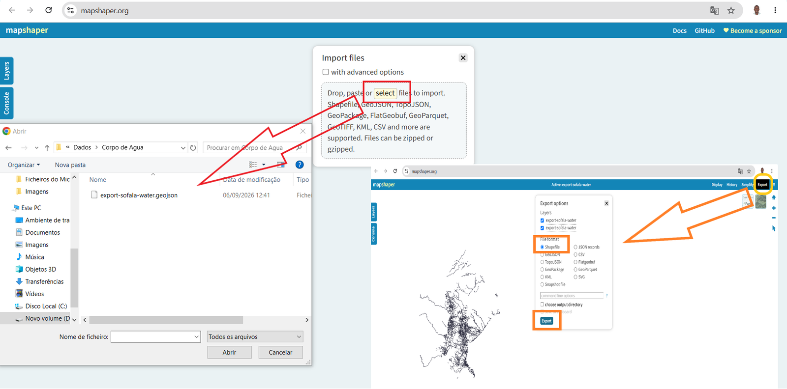 Fluxo de importação de arquivo GeoJSON e painel de exportação em formato ESRI Shapefile no Mapshaper